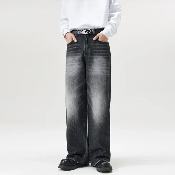 Jeans Men Wide Leg Long Pants Denim Pants Loose Casual Regular Straight Pants ONE Line Splice Button Bag Autumn Winter 2025_viptrois.com
