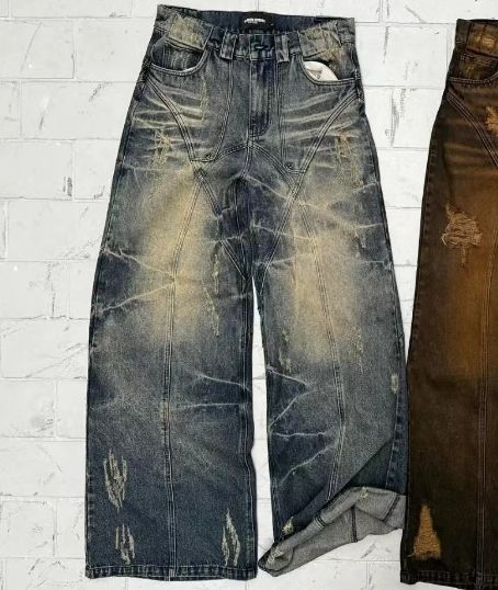 Men's Clothing New American High Street Straight Yellow Mud Dyed Jeans Loose Men And Women Retro Long Pants Trendy Boys Mud Colored Pants_viptrois.com