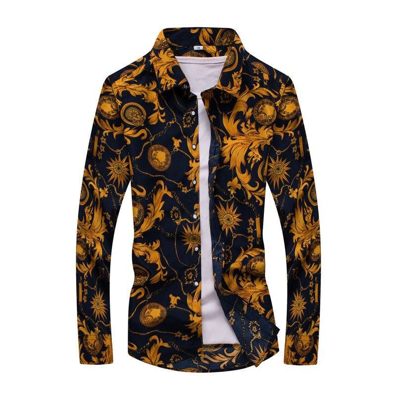 Spring And Autumn Plus Size Men's Trendy Pattern Long Sleeve Shirt Thin Fashion Slim Fit Long Sleeve Shirt Trendy Men_viptrois.com