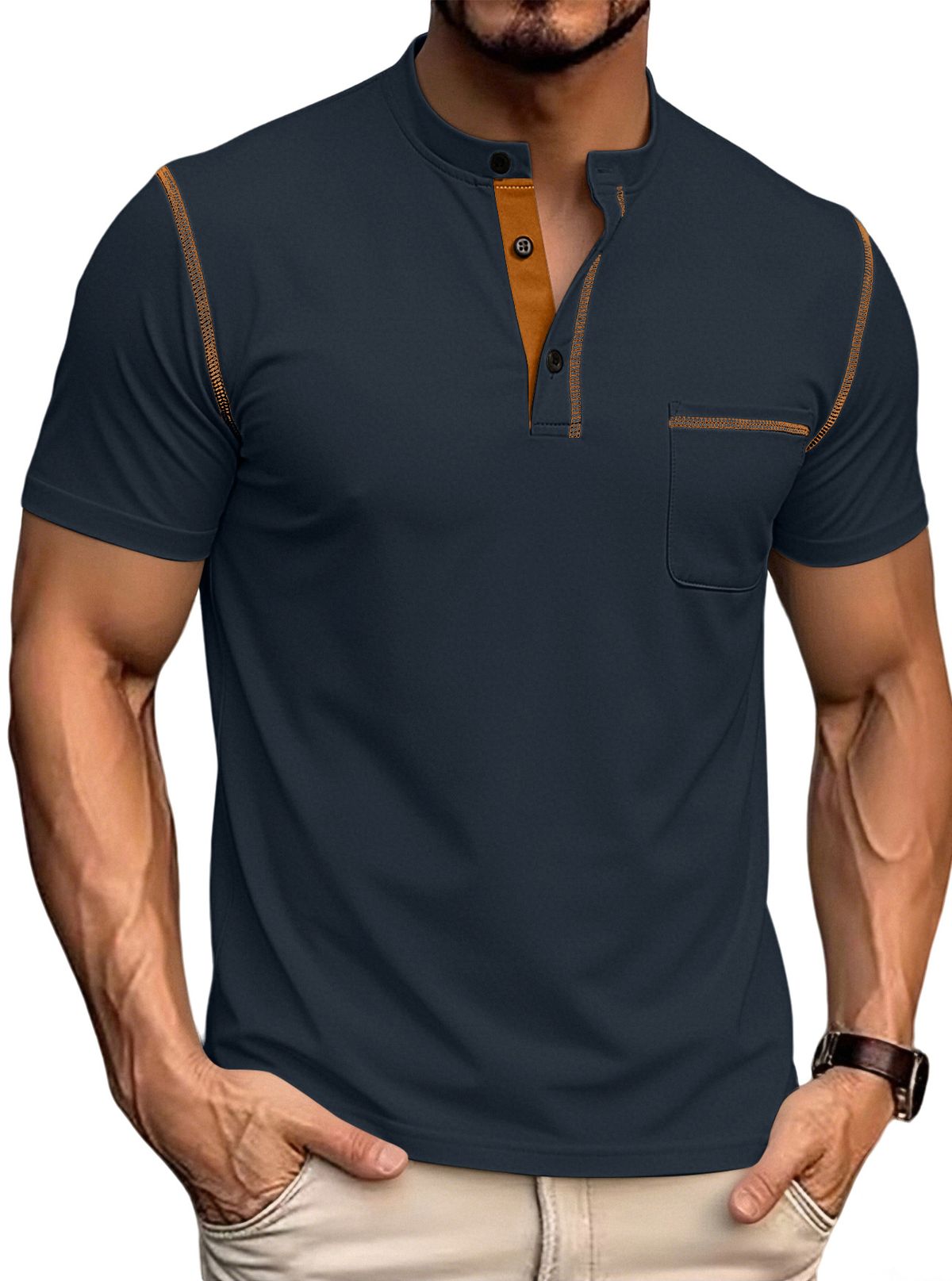 Small Slanted Breathable Short-sleeved Half-button Henry Polo Shirt For Men, Large Size, Casual Sports T-shirt_viptrois.com