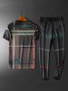 Light Luxury High-end Men's Trendy Plaid Printed Casual Sports Set, Summer Short Sleeved Long Pants Two-piece Set_viptrois.com