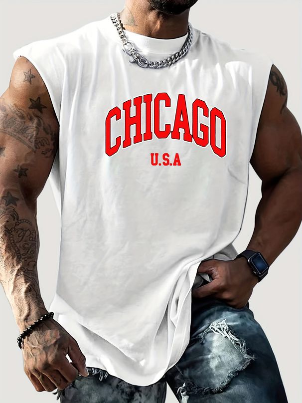 100% Pure Cotton Men's Summer Casual Sports Fitness Loose CHICAGO USA Letter Pattern Printed Breathable Round Neck Sleeveless Vest_viptrois.com