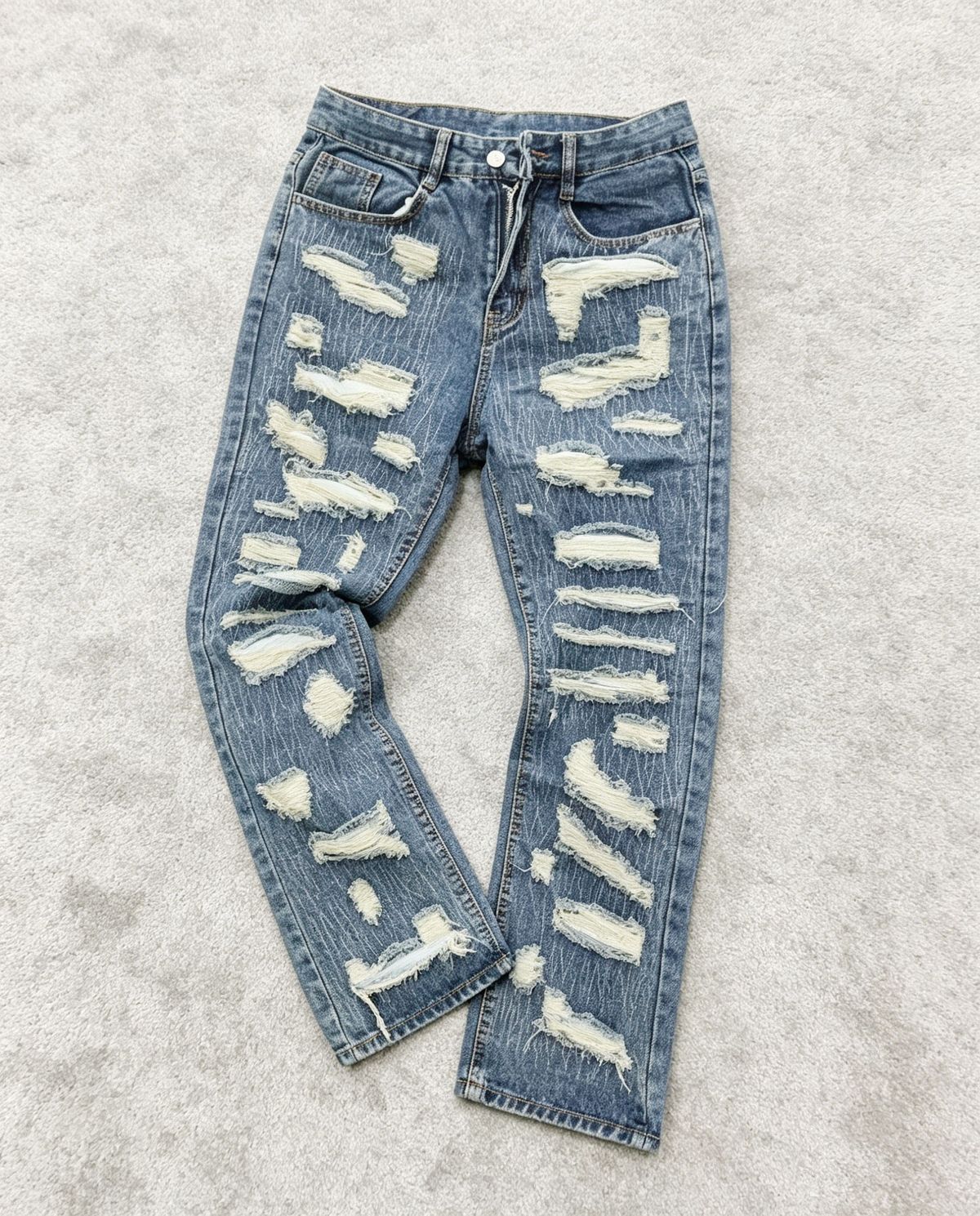Men's Clothing Retro Heavy Industry Damage Erosion Patch Design Jeans High Street Hole Cleanfit Pants_viptrois.com