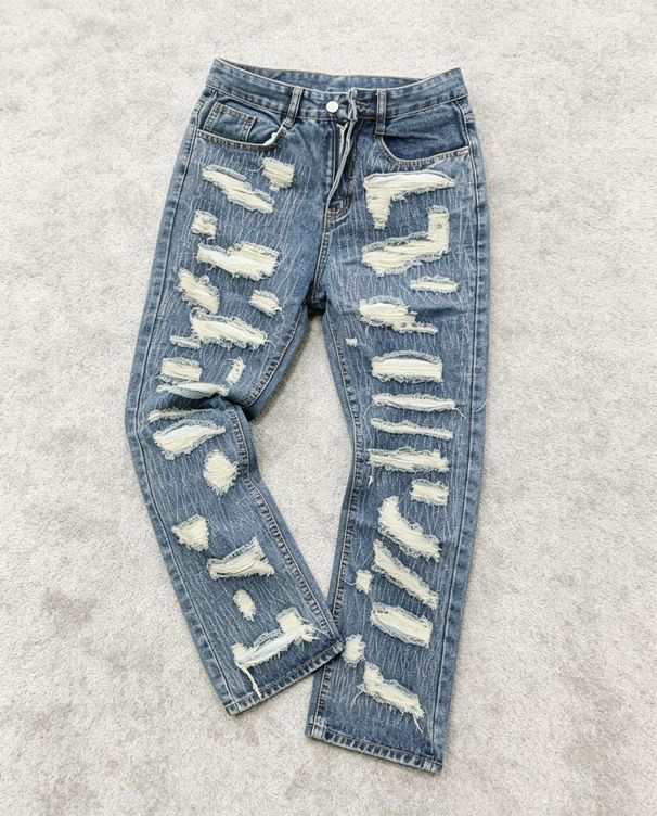 Men's Clothing Retro Heavy Industry Damage Erosion Patch Design Jeans High Street Hole Cleanfit Pants_viptrois.com