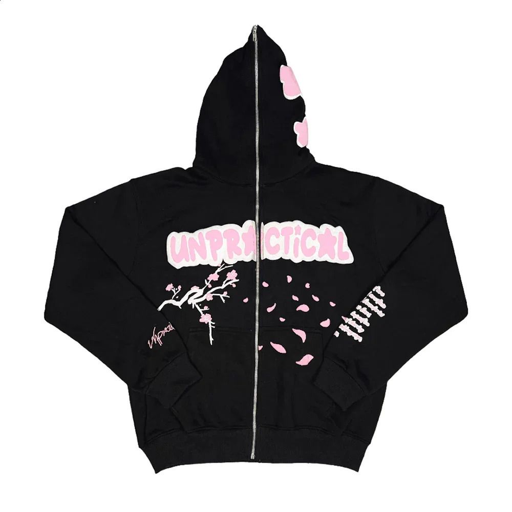 American Style UNPR Cherry Blossom Fleece Sweatshirt Long Zipper Unisex High Street Hoodie Jacket For Autumn And Winter_viptrois.com