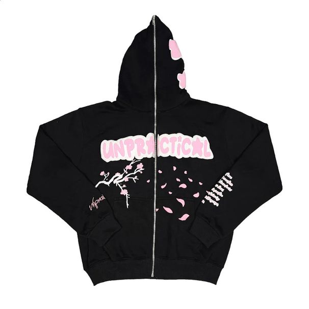 American Style UNPR Cherry Blossom Fleece Sweatshirt Long Zipper Unisex High Street Hoodie Jacket For Autumn And Winter_viptrois.com