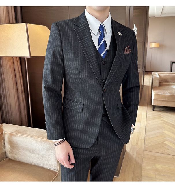 Men's Striped Single Breasted One Button Suit Set Autumn Arrival Casual Three Piece Quality Fashionable Blazer_viptrois.com