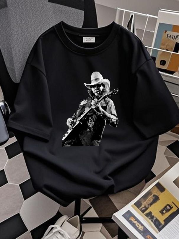 Vintage Hank Jr Arts Williams Playing Guitar Music T-Shirt Breathable Slightly Homme Top For Everyday Wear Comfortable Versatile Unisex Fashion_viptrois.com