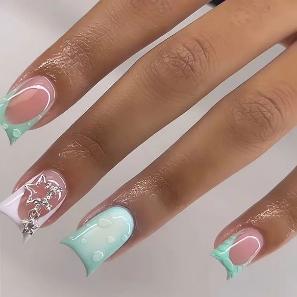 Duckbill Long False Nails - Sweet Cool Star & Water Drop Design, Gradient Nail Art, European & American Style_viptrois.com