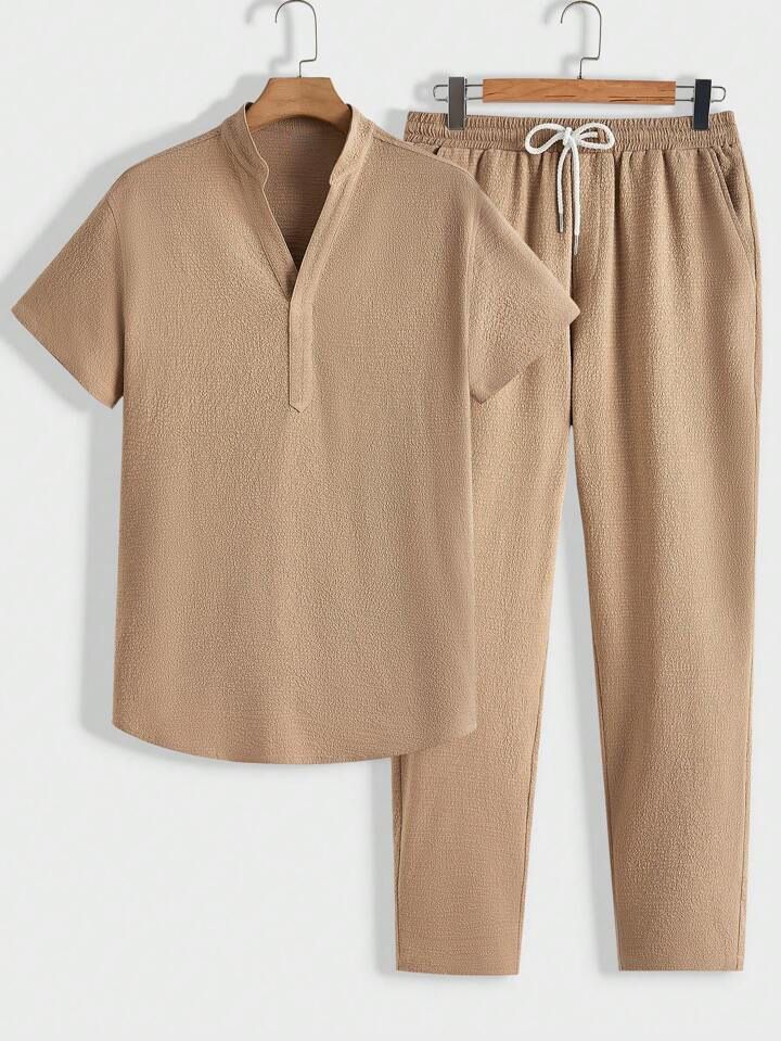 Men's Clothing Men's Casual Sports Suit Short Sleeve Long Pants Solid Color Men_viptrois.com