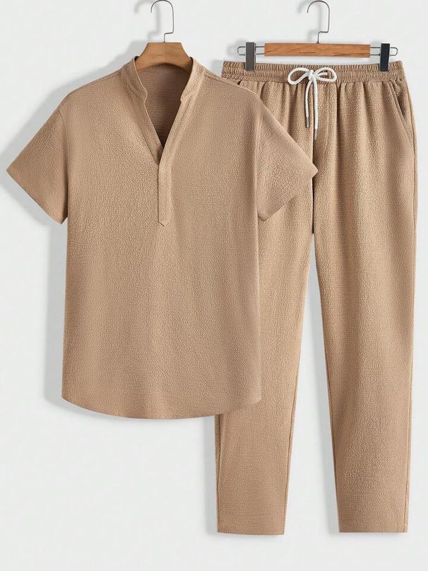 Men's Clothing Men's Casual Sports Suit Short Sleeve Long Pants Solid Color Men_viptrois.com