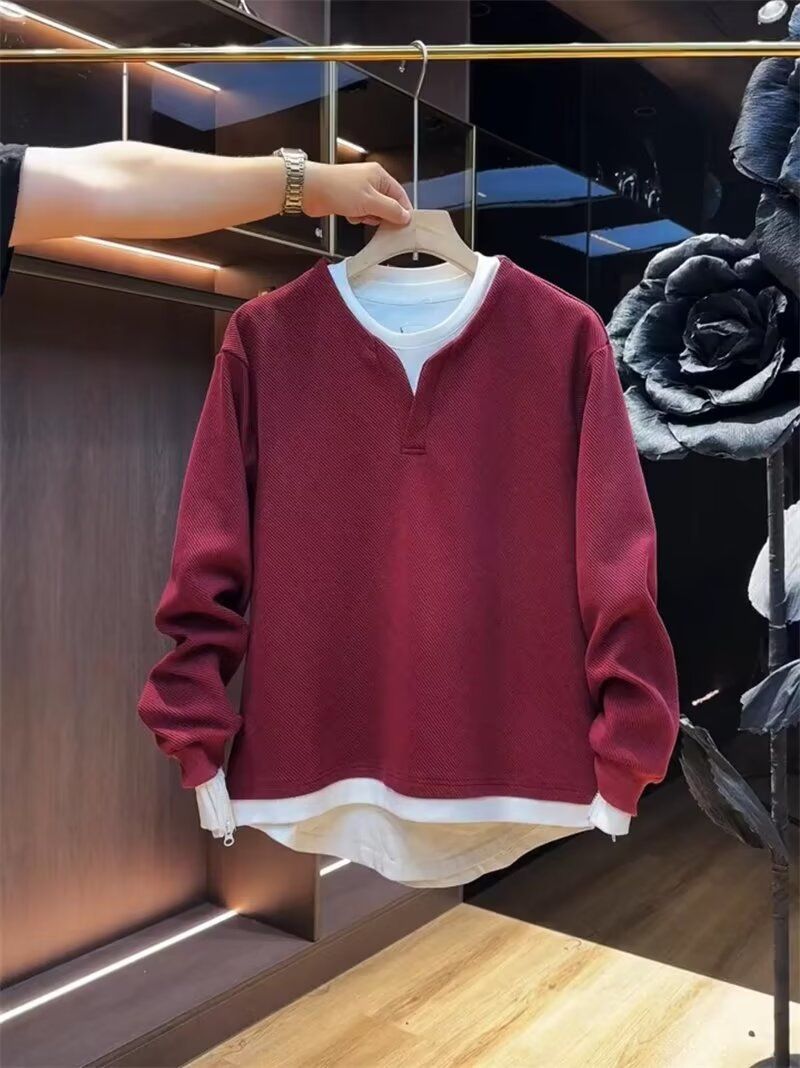 Men's Casual Long Sleeve Pullover Hoodie - Fashionable Two-Tone Layered T-Shirt Design, Slim Fit, Versatile For Everyday Wear (Black, Red, Khaki)_viptrois.com