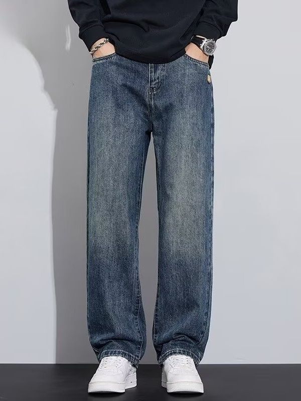 Men's Vintage Washed Jeans – High Street Distressed Denim Pants, Relaxed Fit Straight-Leg Trousers With Faded Details, Fall Collection_viptrois.com