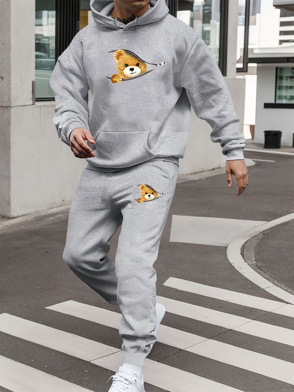 Men's Autumn And Winter Casual Fashion Cartoon Bear Pattern Printed Loose Suede Thick Hooded Sweatshirt+sports Pants Set_viptrois.com