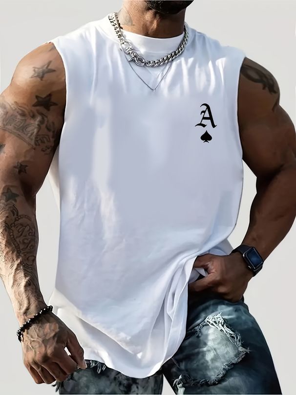 100% Pure Cotton Men's Summer Casual Sports Fitness Loose Spade A Print Breathable Round Neck Sleeveless Vest_viptrois.com