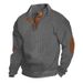 Vintage Cable Knit Men Sweater Suede Elbow Patch Half Placket Stand Collar Warm Winter Pullover_viptrois.com