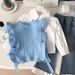 Mother & Kids Girls Spring Suit Long Sleeve 2025 New Children's Fashion Knitted Vest Shirt Suit With Lace Jeans_viptrois.com