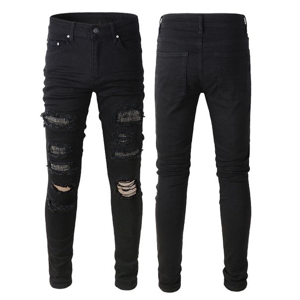 Men's Clothing American Style Ripped Jeans Men's Trendy Brand Trousers Diamond Studded Slim Black High Street Men's Trousers 565_viptrois.com