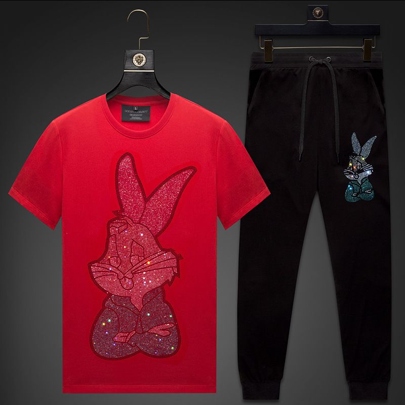 Men's Clothing Summer suit for men, rabbit, rhinestones, short sleeved T shirt, fashionable brand, large size casual pants_viptrois.com