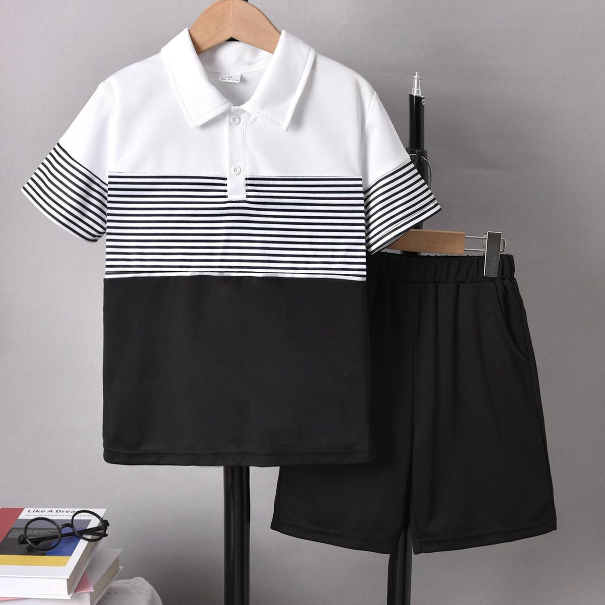 Kids Clothing boy's short-sleeved lapel contrast color T-shirt boy's striped children's white short-sleeved polo shirt two-piece suit_viptrois.com