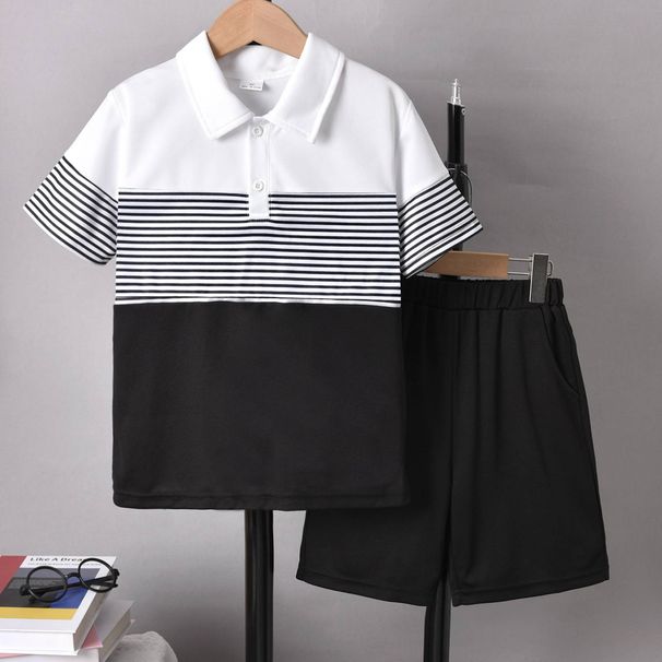 Kids Clothing boy's short-sleeved lapel contrast color T-shirt boy's striped children's white short-sleeved polo shirt two-piece suit_viptrois.com