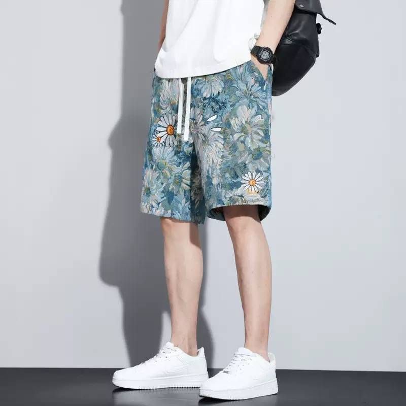 2025 Summer New Ethnic Style Men's Casual Patterned Shorts, Beach Pants, Trendy Brand Summer Large Size Mid-length Pants_viptrois.com