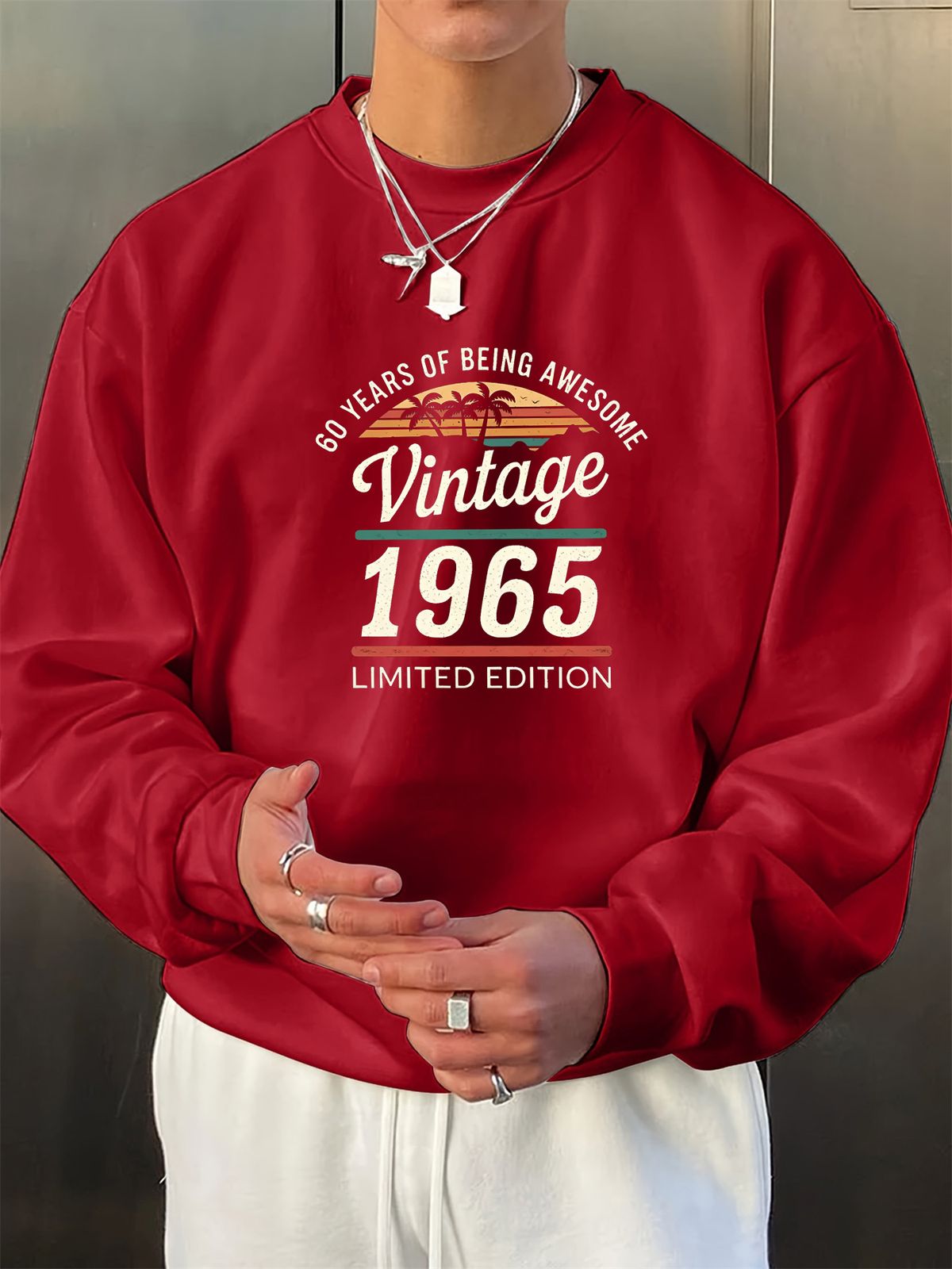 Men's Loose Casual Fashionable Retro 1965 Pattern Printed Round Neck Long Sleeved Sweatshirt Suitable For Autumn And Winter Wear_viptrois.com