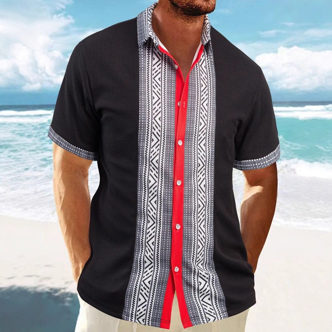 Men's New Summer Shirt Waffle Casual Lapel 3D Printed Button Short Sleeve Shirt_viptrois.com