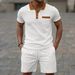 Men's Clothing Waffle Lapel Color Matching Chest Pocket Button Short Sleeve Shorts Suit_viptrois.com
