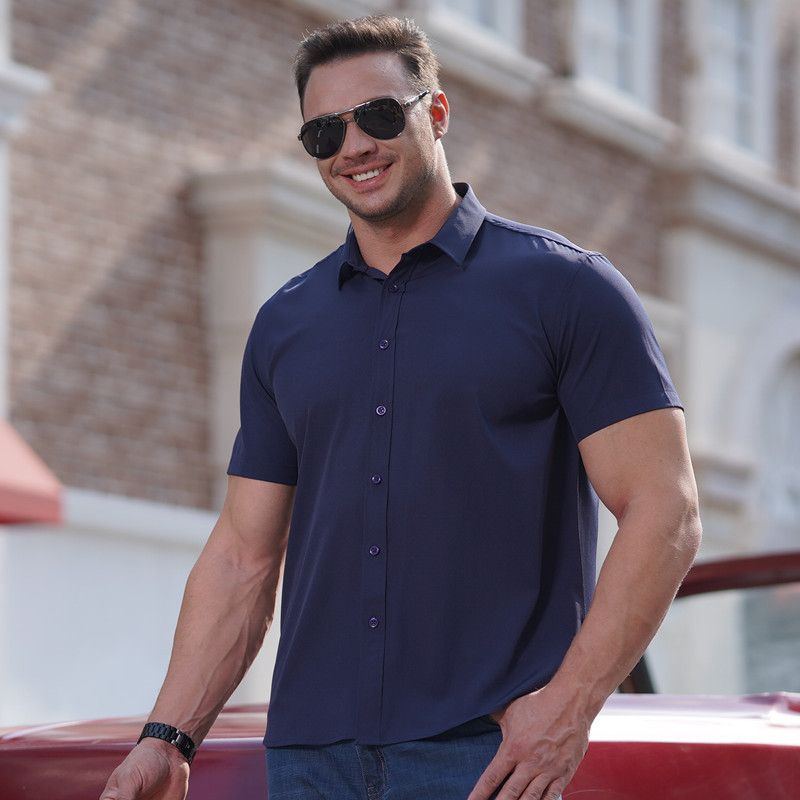 Men's Clothing Plus Size Fat Guy Summer Thin Short Sleeved Shirt Fat Brother Business Casual Loose Slightly Elastic Solid Color Professional Shirt_viptrois.com