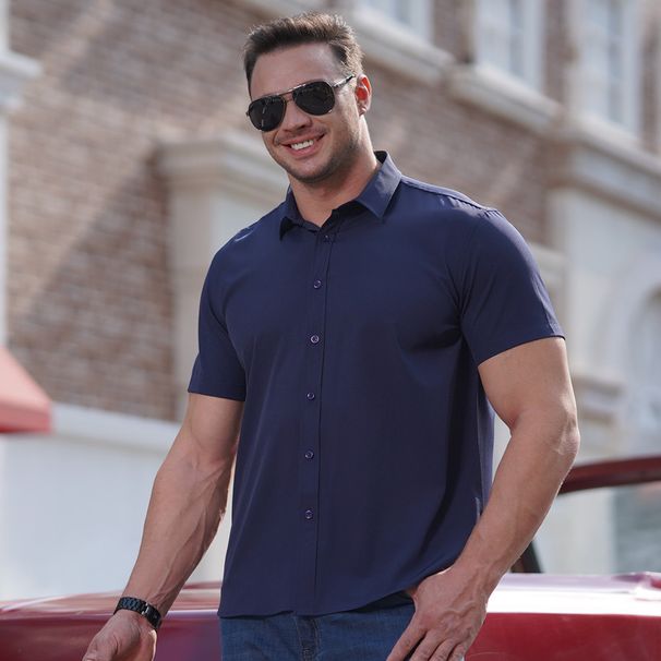 Men's Clothing Plus Size Fat Guy Summer Thin Short Sleeved Shirt Fat Brother Business Casual Loose Slightly Elastic Solid Color Professional Shirt_viptrois.com