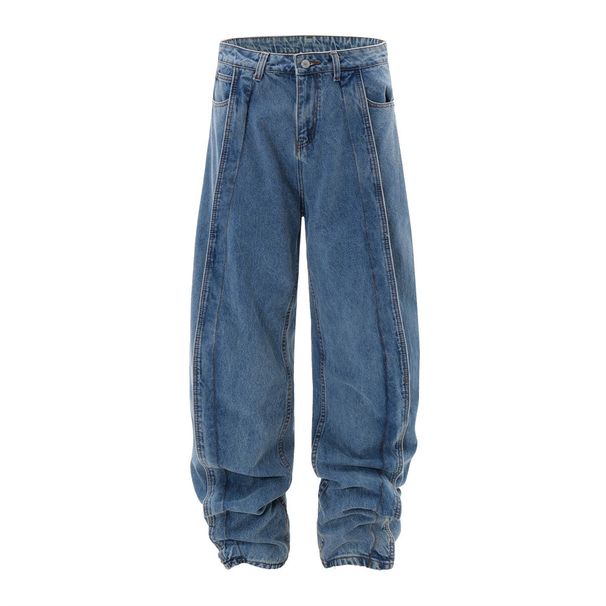 American High Street Washed Jeans For Men Split Patchwork Loose Banana Wide Leg Harem Skinny Long Pants_viptrois.com