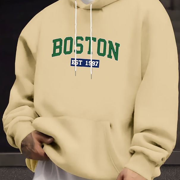 Men's Autumn And Winter Casual Fashionable Loose Hooded Sweatshirt Boston Est 1997 Classic Letter Printed Warm Long Sleeved Pullover_viptrois.com