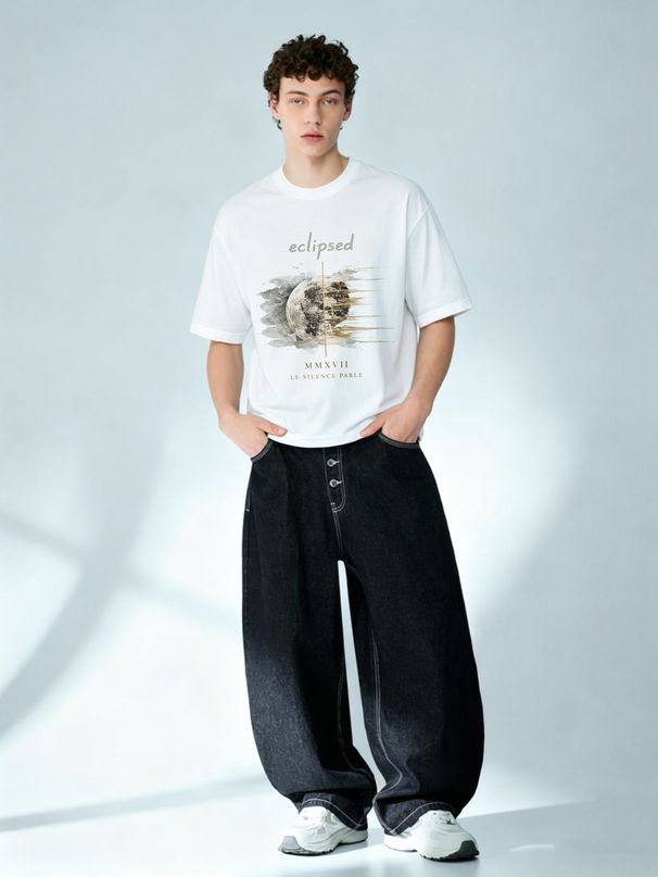 European Style Men's Short Sleeve T-Shirt, ECLIPSED Watercolor Moon Print, Casual Round Neck Tee_viptrois.com