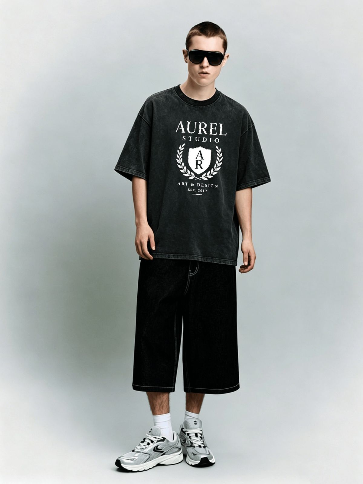 Heavyweight Washed Oversized Aurel Studio Crest Graphic T-Shirt Men's Streetwear Te_viptrois.com