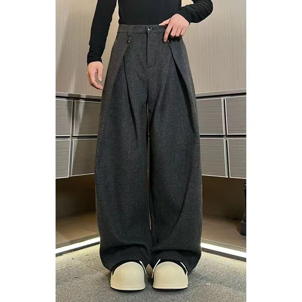 Winter Old Money Style Retro A-Line Pleated Woolen Trousers Fashion Versatile Loose Wide-Leg Unisex Casual Pants_viptrois.com