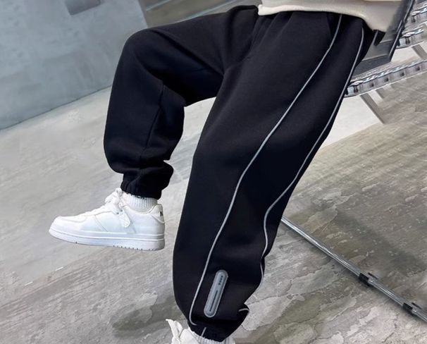 Kids Clothing Sports Pants Spring And Autumn Plus Velvet Thickened Trousers Medium And Large Reflective Sweatpants_viptrois.com