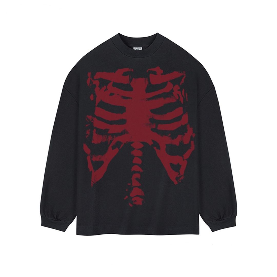 Heavyweight Cotton Streetwear Tee – Oversized Skull Print Long Sleeve Shirt (Relaxed Fit, Unisex Layering Essential) – Black/White_viptrois.com