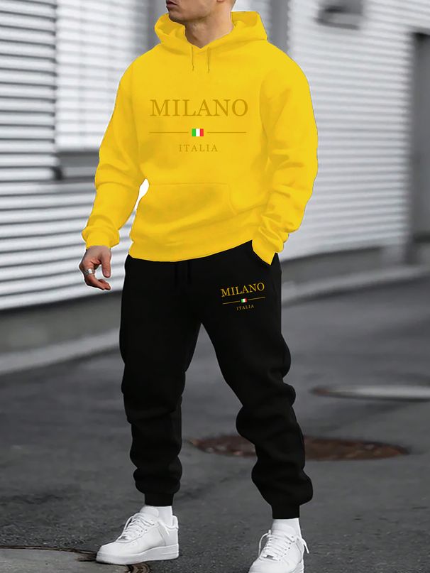 Men's Autumn And Winter Casual Fashion MILANO ITALIA Print Loose Plush Thick Hooded Sweatshirt+sweatpants Set_viptrois.com