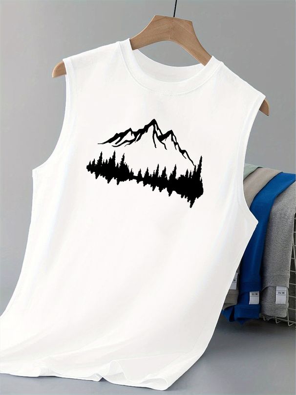 100% Pure Cotton Men's Summer Leisure Sports Fitness Loose Mountain Reflection Pattern Printed Breathable Round Neck Sleeveless Vest_viptrois.com