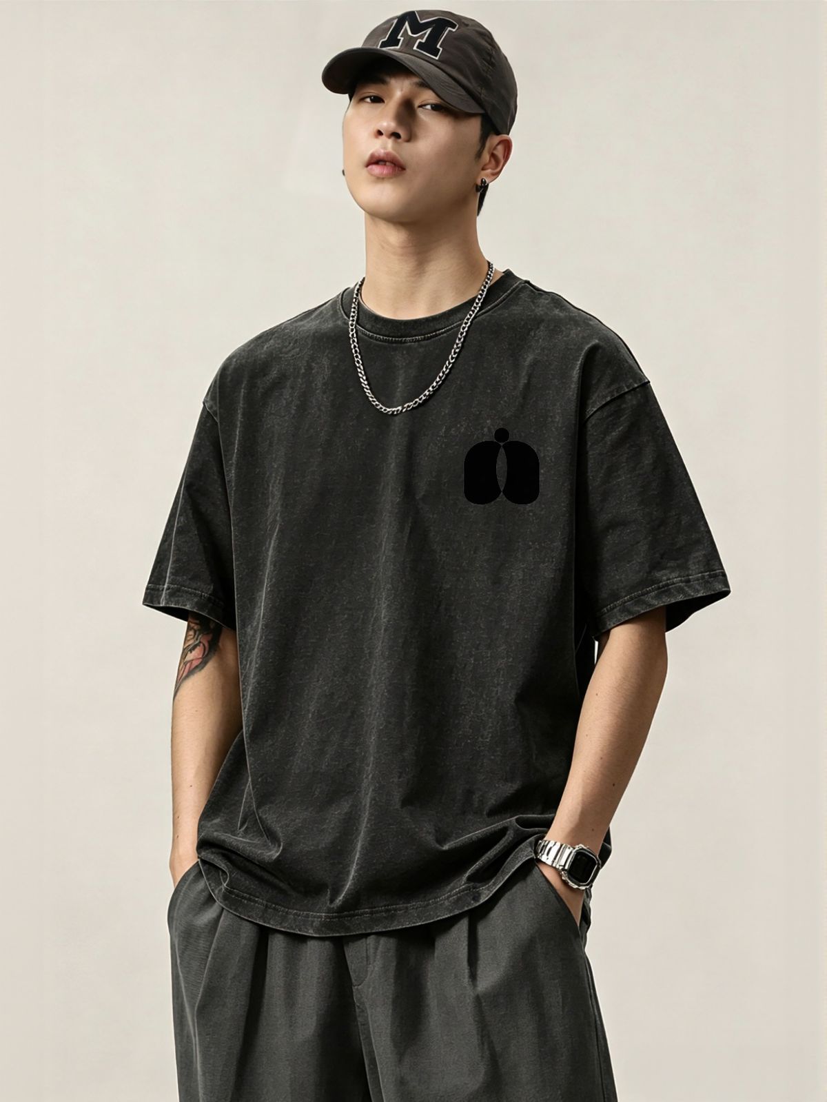 230g Washed Men T-Shirt Black Double Oval Minimal Logo Print Short Sleeve Crew Neck Casual Streetwear Top_viptrois.com