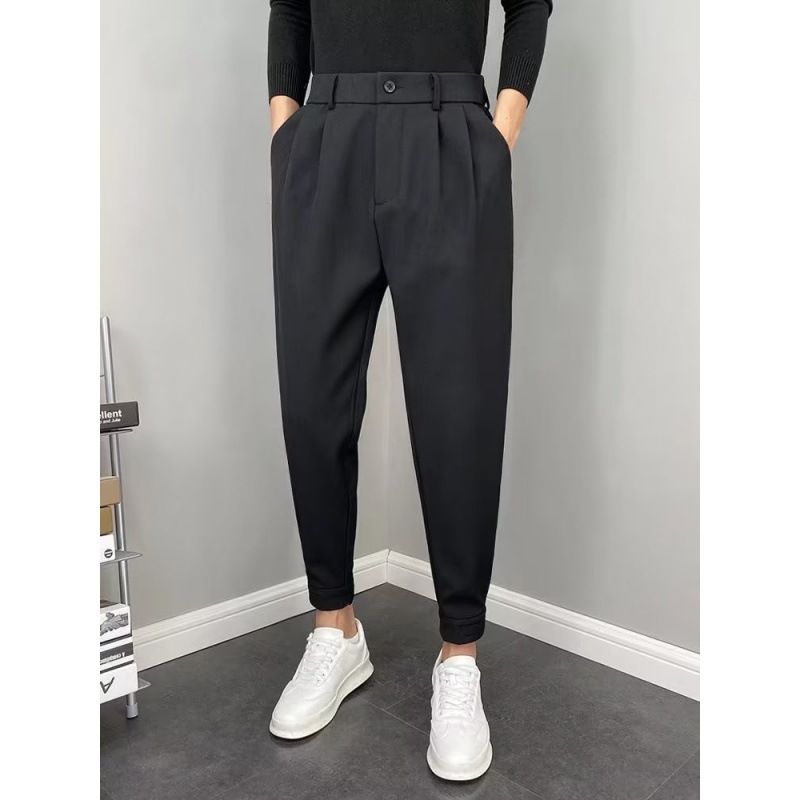Men's Clothing Spring And Autumn Drapey Skinny Trousers Trendy Slim Fit Nine Point Casual Trousers Solid Color All Match Straight Suit Trousers_viptrois.com