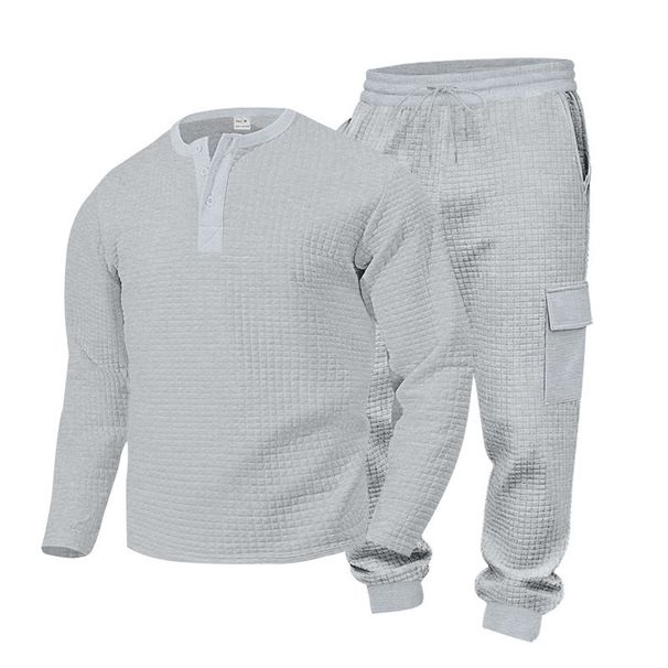 Men's Checkered Jacquard Knit Henley & Lounge Pants Set – Polyester Casual Two-Piece (6 Colors, S-XXXL)_viptrois.com