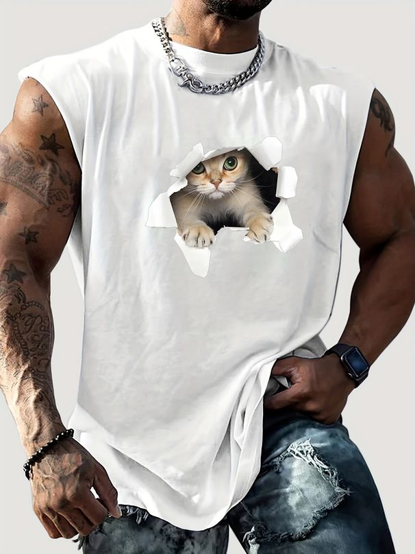 100% Pure Cotton Men's Summer Casual Sports Fitness Loose 3D Cat Pattern Printed Breathable Round Neck Sleeveless Vest_viptrois.com