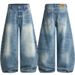 Men's Clothing Men's Retro Barn Style Washed Distressed Straight Leg Jeans Tie Dye Wide Leg Pants Curved Knife Loose Fit_viptrois.com