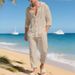 Men's Casual Linen Hooded Shirt Cardigan Set Spring Summer American Style Loose Breathable Long Sleeve Clothing_viptrois.com