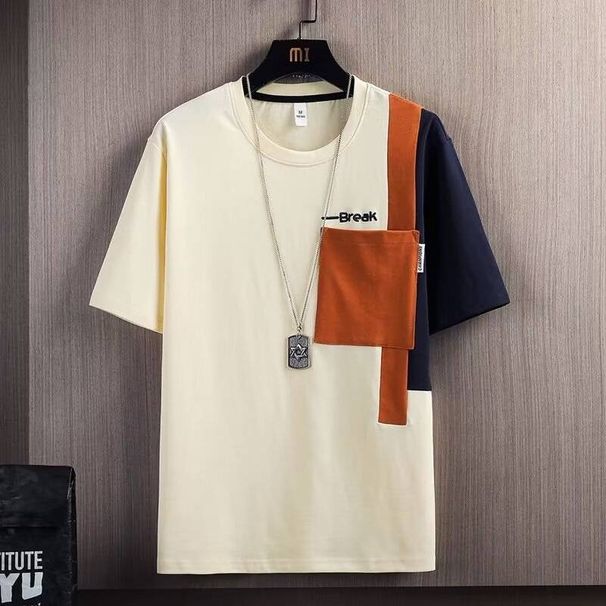 Men's Clothing Color Matching Pocket High End Half Sleeved Top New Round Neck Loose T Shirt Summer Contrast Color Short Sleeved T Shirt For Men_viptrois.com