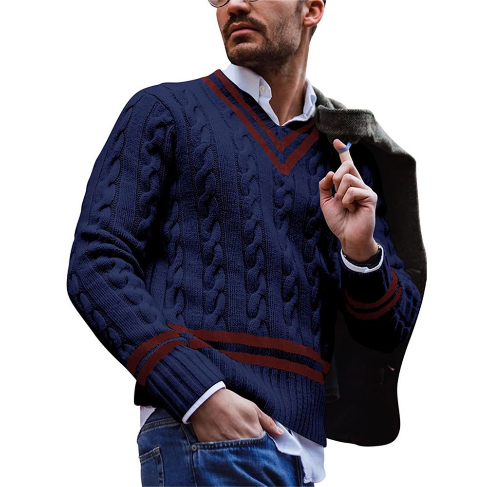2026 European-USA Fashion Knitwear Pullovers Men's 100% Acrylic V-Neck Striped Splicing Long Sleeve Casual Loose Sweater_viptrois.com
