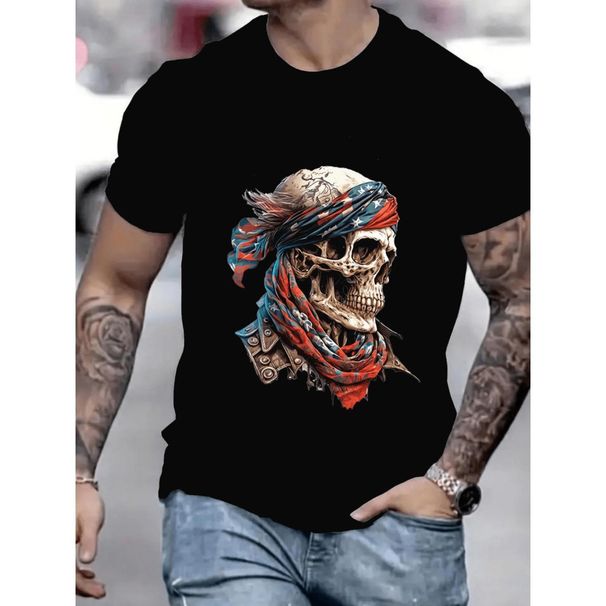 Camiseta Negra Manga Corta Para Hombres Con Diseño Calavera Elementos La Bandera Estadounidense, Estilo De Verano_viptrois.com
