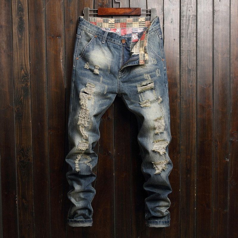 New Men's Jeans Men's Big Hole Jeans Men's Fashion Personality Straight Fit Pants_viptrois.com